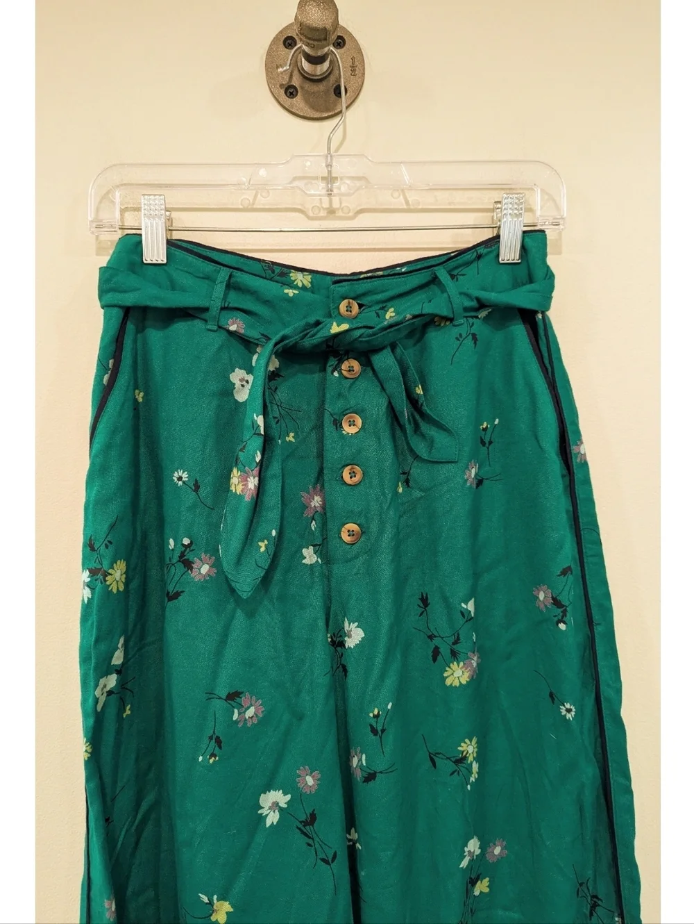 Free People Green Floral Wide Leg Viscose Pants Size 2